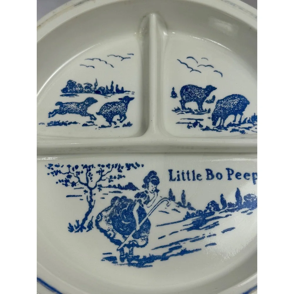 Vintage Little Bo Peep Ceramic Divided Grill Plate Blue White Nursery Rhyme 8in